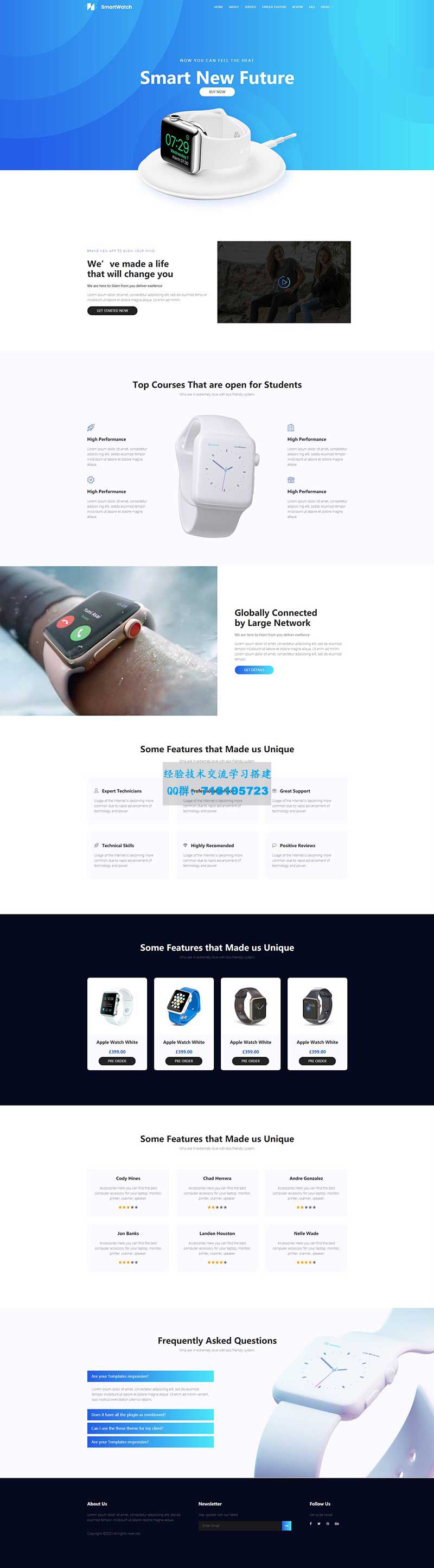     蓝色渐变智能手表电子产品展示网站模板
