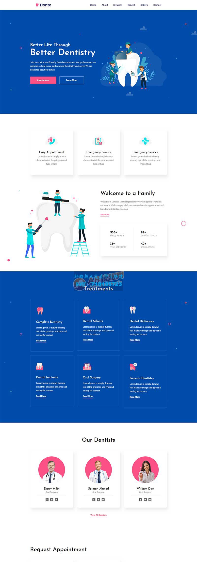     蓝色通用的牙科医疗诊所html网站模板
